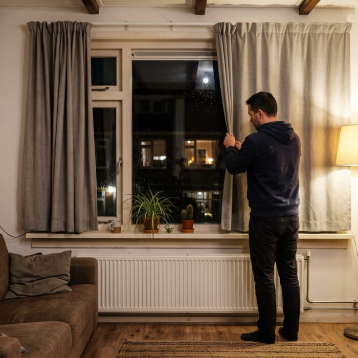 Man trekt 's avonds de gordijnen dicht, de radiator onder het raam blijft vrij