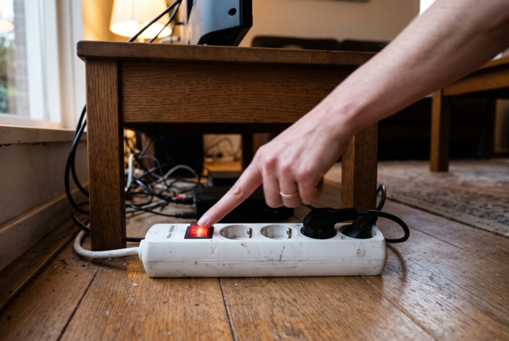 Een hand drukt op de schakelaar van een stekkerdoos achter de tv-kast