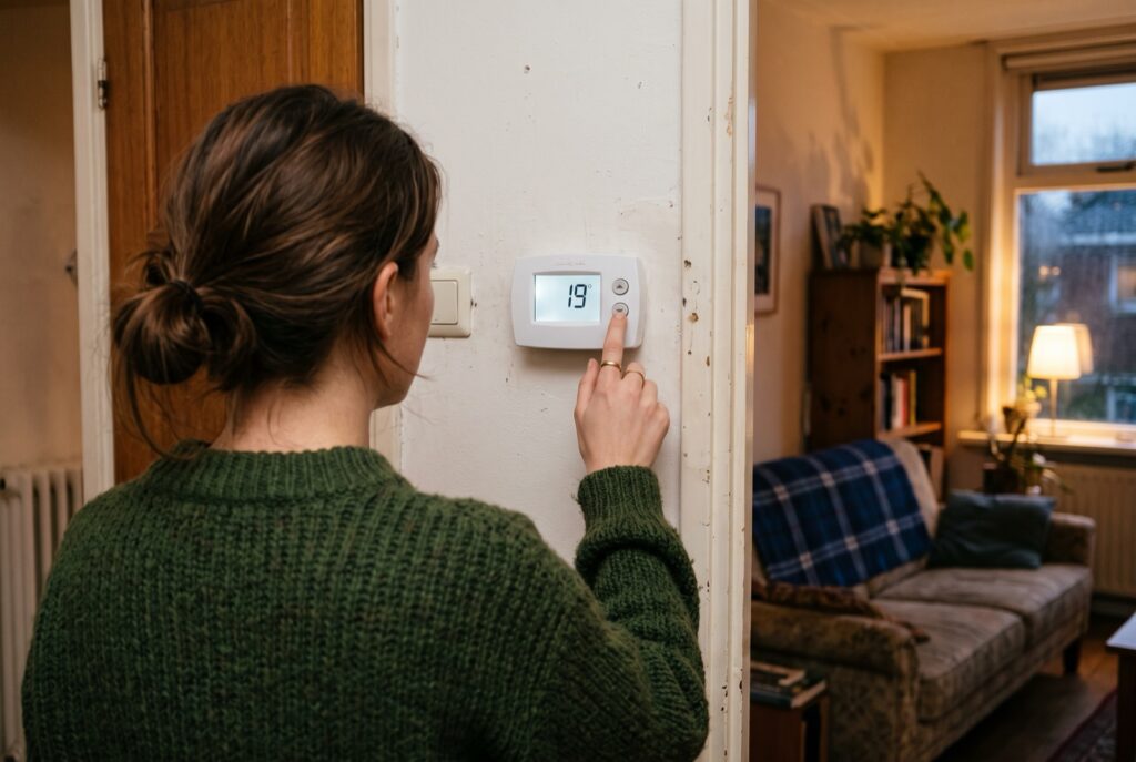 Iemand zet de thermostaat in de gang op 19 graden, met op de achtergrond een bank met een plaid