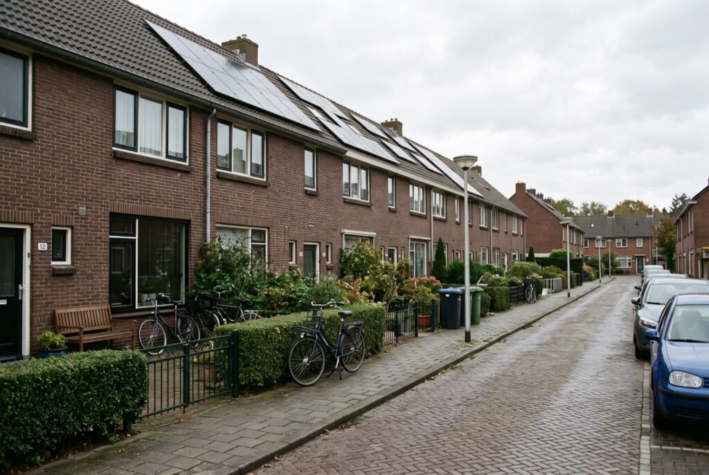 Rij bakstenen eengezinswoningen met zonnepanelen op het dak in een Nederlandse woonwijk