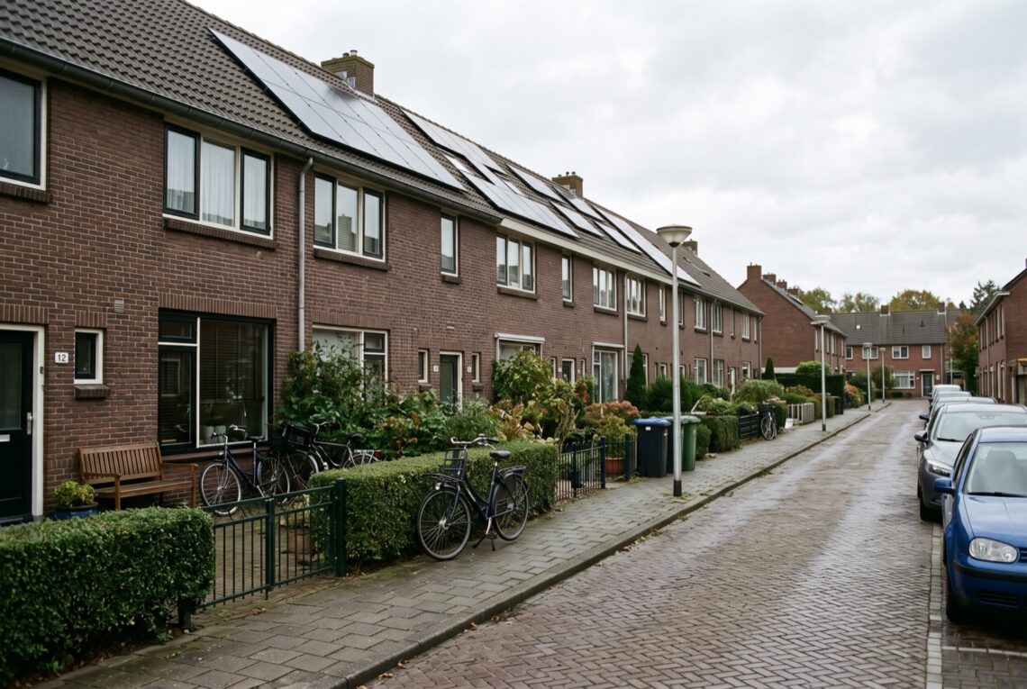 Rij bakstenen eengezinswoningen met zonnepanelen op het dak in een Nederlandse woonwijk