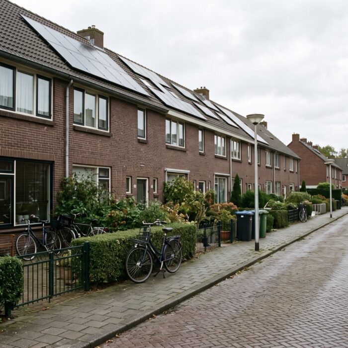Rij bakstenen eengezinswoningen met zonnepanelen op het dak in een Nederlandse woonwijk